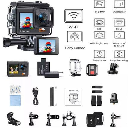 4K Action Camera WIFI 24MP Waterproof EIS Dual Screen Camera