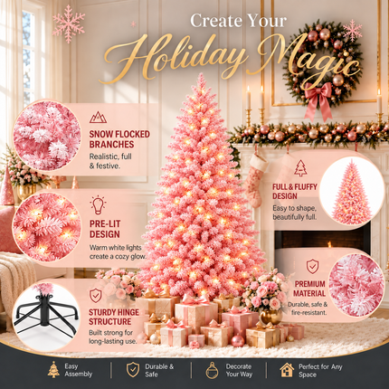 180cm 6FT Pink Snow Flocked Christmas Tree Pre-Lit With LED Light 240 LED Warm White Xmas Decor