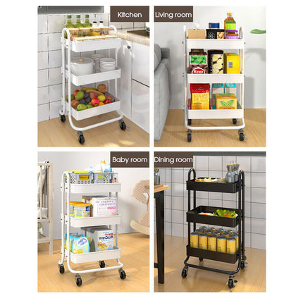 3 Tiers Kitchen Storage Trolley Cart Steel Rack Shelf Organiser Wheels Black