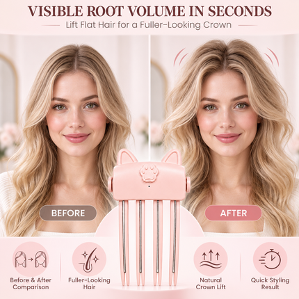 Pink Cat Ear Heated Hair Root Volumizing Clip 2 Heat Type-C Rechargeable Styler