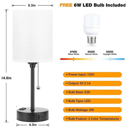 2 PACK Bedside Lamps Linen Table Light USB Port 3 Way Dimmable Pull Chain Switch Beige 2Pcs