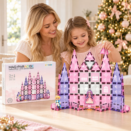66 Pcs Diamond Magnetic Tiles Pink Princess Castle Building Set Christmas Gift
