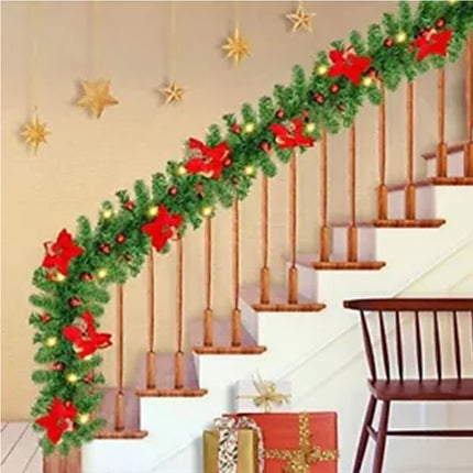 2.7M Christmas Garland with Lights / Flower /Pinecone Xmas Home Stairs Fireplace Red with Lights