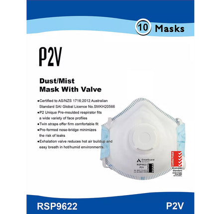 10 Pcs P2 N95 Face Mask Respirator Valved AS/NZS Certified Dust Flue Welding Painting