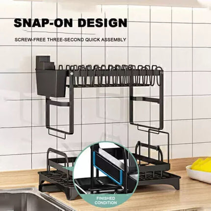 2 Tier Dish Drainer Drying Rack with Cup Holder Cutlery Tray Kitchen Organiser