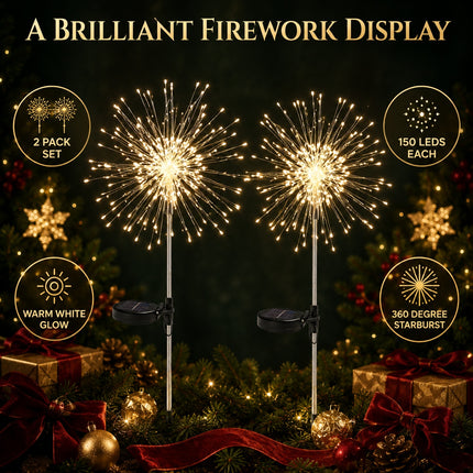 2 Pack Solar Christmas Firework Lights 120 LED Copper Outdoor Garden Pathway Decorative Lights