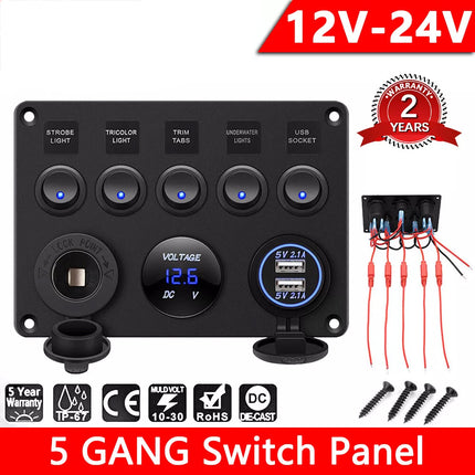 12V Switch Panel USB Charger 5 GANG ON-OFF Toggle LED Rocker for Car Boat Marine