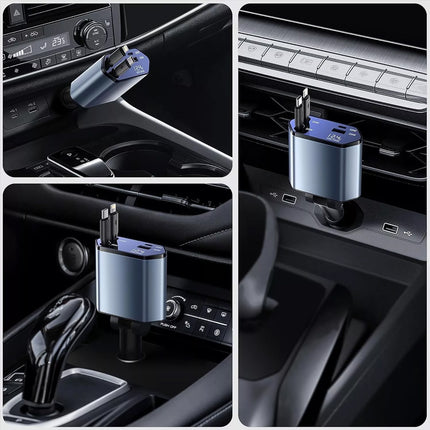 120W 4-in-1 Retractable Car Charger Cable – Dual Port USB-C PD Fast Charging Ada