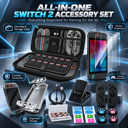 For Nintendo Switch 2 Carry Case Hard Shell Screen Protector Accessory Set Black