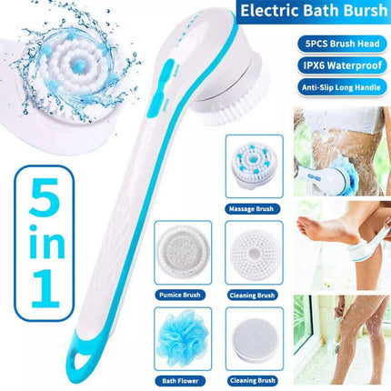 5 in 1 Electric Rechargeable Body Brush Long Handle Bath Shower Back Scrubber