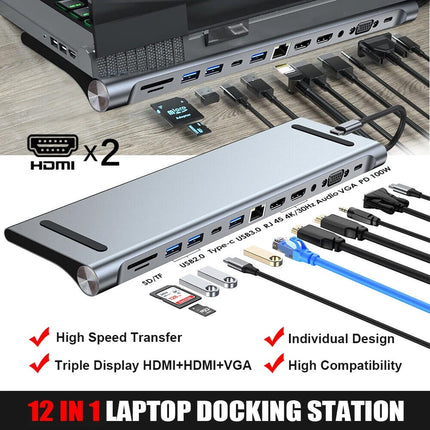 12 in 1 Laptop Docking Station Type-C Dual HDMI Adapter USB-C Triple Display