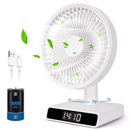 9 Inch USB Rechargeable Desk Table Fan Auto Moving heads w/ Clock Time Display