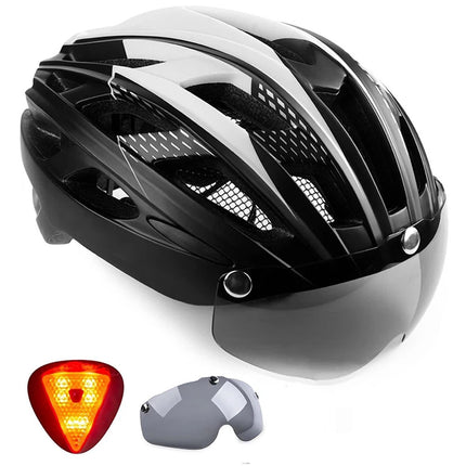 Bike Helmet for Men Women w/ Detachable Goggles Led Back Light Black and white