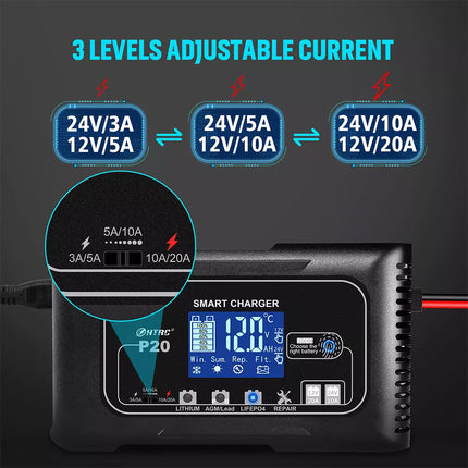 20A Automatic Lithium Battery Charger 12V/24V For Lifepo4 Lead-Acid AGM/Gel/SLA