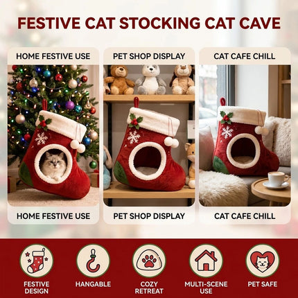Hanging Christmas Cat Bed with Faux Plush-Lining Festive Small Pet Medium Cave