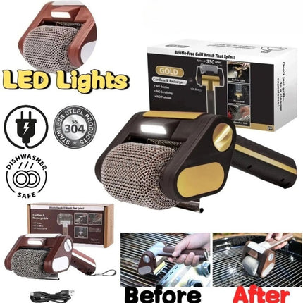 Electric BBQ Grill Brush Cordless Scrubber with LED Light Handle Bristle Cleaner