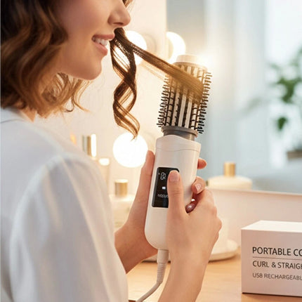 White Cordless Hot Brush & Hair Styler, Portable Travel Heated Curling Brush & Hair