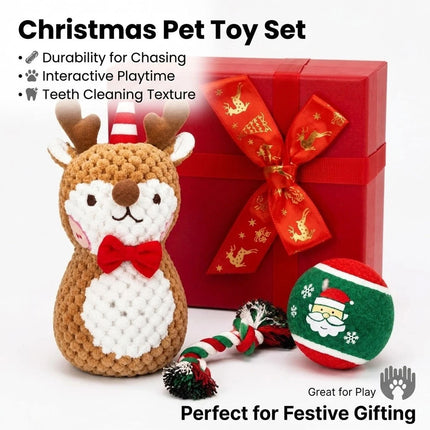 Festive Elk Christmas Dog Toy Set with Durable Cotton Rope and Soft Plush Ball Chew Toys