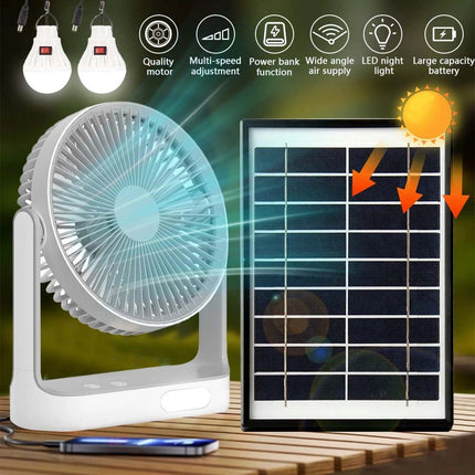 Solar Powered Cooling Fan Cooler Rechargeable Camping Fan with 2 Lights Bulbs