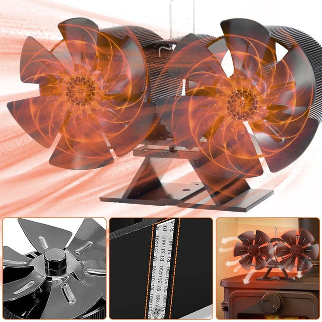 Heat Powered Dual Motor Stove Fan with 12 Blades - Fireplace Circulation Fan