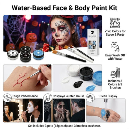 Face and Body Paint Palette (White, Black, Red) for Fancy Dress, Cosplay & Halloween Makeup