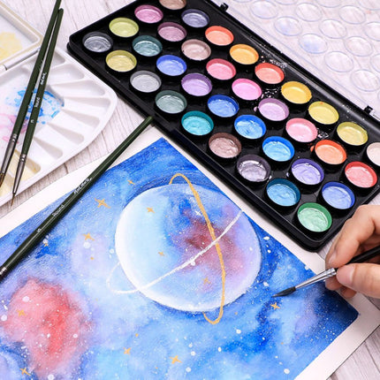 36 Colours Metallic Watercolour Set Includes Mixing Wells & Paint Brush