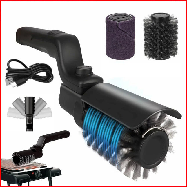 Rechargeable Black Electric BBQ Grill Brush with Two Replacement Brushes