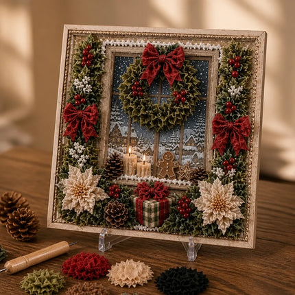 3D Christmas Fabric Poke Art Kit, DIY Needle Punch Craft Set with Frame Decor Wreath Set