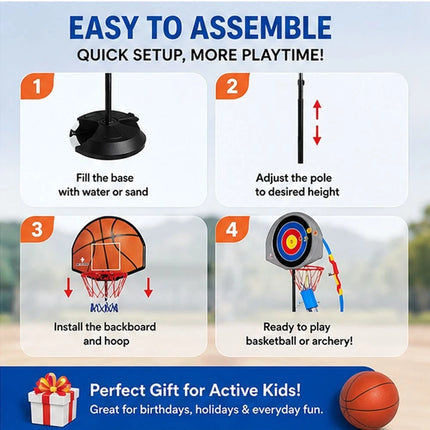 2 in 1 Kids Basketball Hoop & Archery Set Adjustable Height Indoor Outdoor Toy