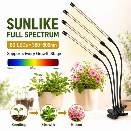 80 LED Grow Light 4 Head Full Spectrum Indoor Plant Lamp Timer USB Dimmable
