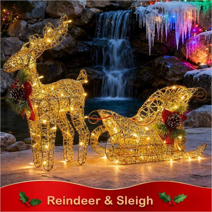 Solar-Powered Set of 2 Christmas Decoration Reindeer and Sleigh LED Yard Xmas