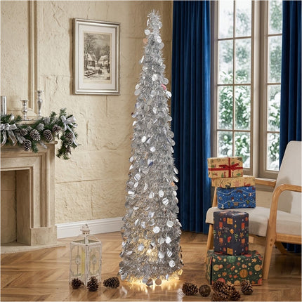 Foldable Christmas Tree Retractable Tinsel Tree Holiday Decor Silver