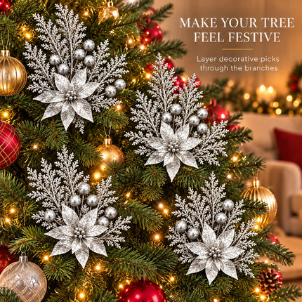 6Pcs Christmas Tree Branch Picks Artificial Poinsettia Floral Spray Xmas Wreath Silver