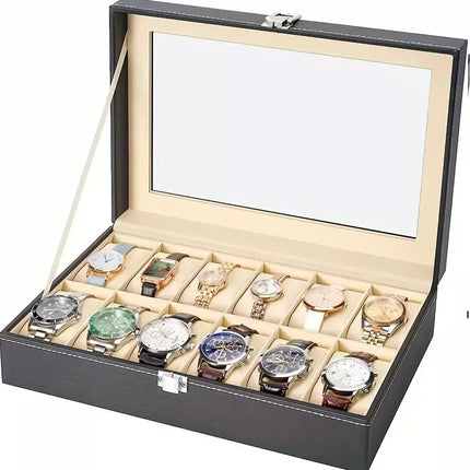 12 Grids Leather Watch Box Organizer Case Jewelry Display Storage Showcase