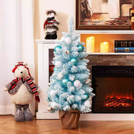 Pre-Decorated Tabletop Mini Christmas Tree Xmas Decor Snowy Branches Cotton Blue + White