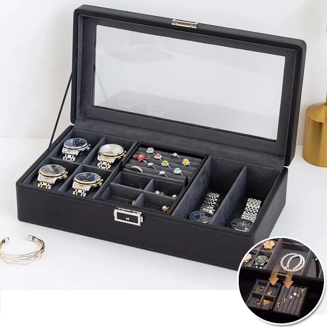 Black Watch Box Organizer Single Layer Jewelry Storage for Men Women Accessories