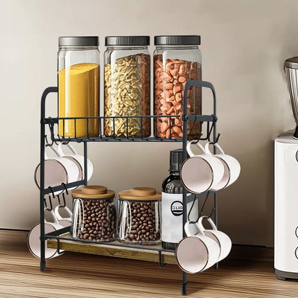 2 Tiers Coffee Mug Station Stand Cup Holder Rack Kitchen Storage Shelf 12 Hooks