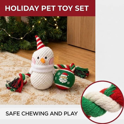 Snowman Christmas Dog Toy Set with Durable Cotton Rope and Soft Plush Ball Chew Toys