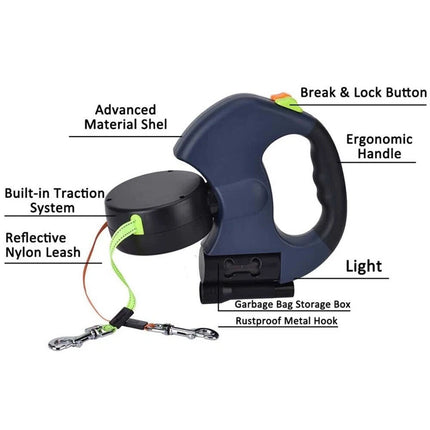360°Retractable Retractable Traction Walking Lead Leash Tangle Dual Doggie 2 Dog