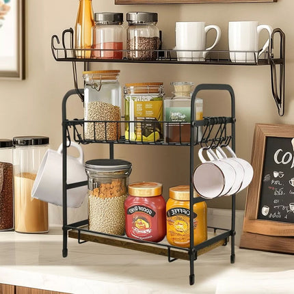 2 Tiers Coffee Mug Station Stand Cup Holder Rack Kitchen Storage Shelf 12 Hooks