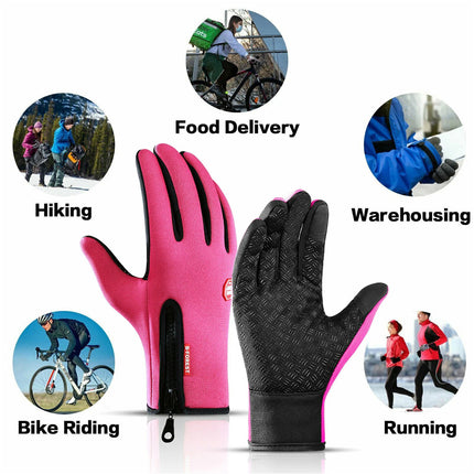 Pink Bike Cycling Gloves Touch Waterproof Full Finger Winter Fitness