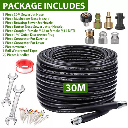30M Pressure Washer Hose Pipe Sewer Jetter Cleaner Kit Nozzle Metric M22 To 1/4"