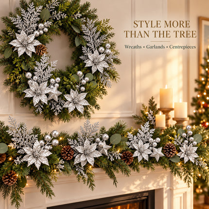6Pcs Christmas Tree Branch Picks Artificial Poinsettia Floral Spray Xmas Wreath Silver