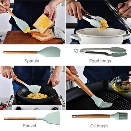 Silicone Utensils Set Wooden Cooking Kitchen Baking BPA Free Cookware Gift 12PCS