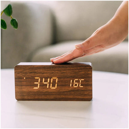 Wooden LED Digital Alarm Clock Temperature Bedside Table Time Display Room Decor