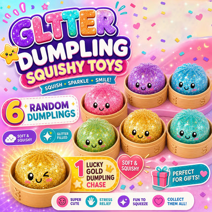 Glitter Dumpling Squishy Toy Sensory Stress Relief Squeeze Toy with Box (6pcs)