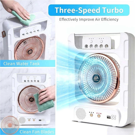 Portable Solar Air Fan Cooler With Humidifier Bluetooth Speaker Camping Light