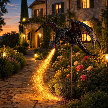 Solar Dragon Fire Garden Light Stake with Glowing Fiber-Optic Flamese Decor
