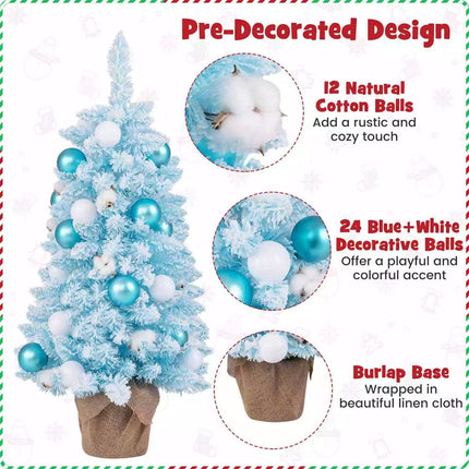 Pre-Decorated Tabletop Mini Christmas Tree Xmas Decor Snowy Branches Cotton Blue + White