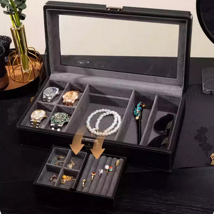 Black Watch Box Organizer Single Layer Jewelry Storage for Men Women Accessories